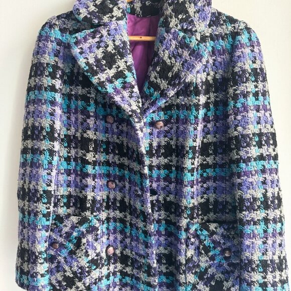 Dalecraft Blue Purple Tweed Wool Double Breasted Coat M - Picture 3 of 8